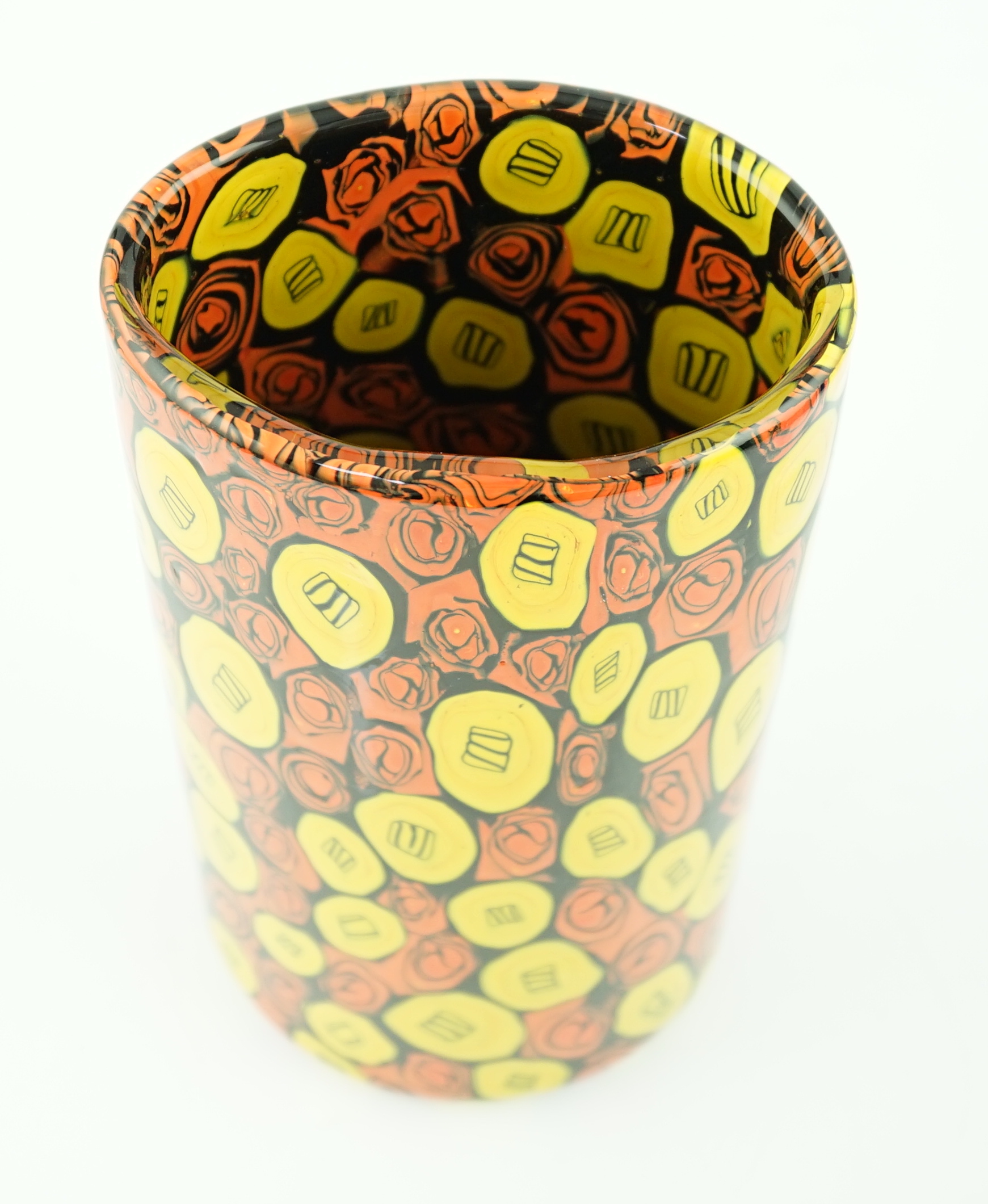 Vittorio Ferro (1932-2012) A Merano glass Murrine vase, cylindrical shaped, yellow, red and black, signed, 28cm, Please note this lot attracts an additional import tax of 20% on the hammer price